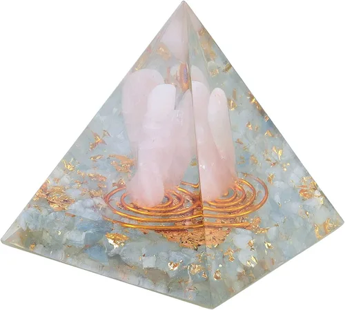 Vista 2 de mookaitedecor Pirámide de orgón de cristal aguamarina con ángel de la guarda de cuarzo rosa y piedras rodadas generador de energía de orgonita