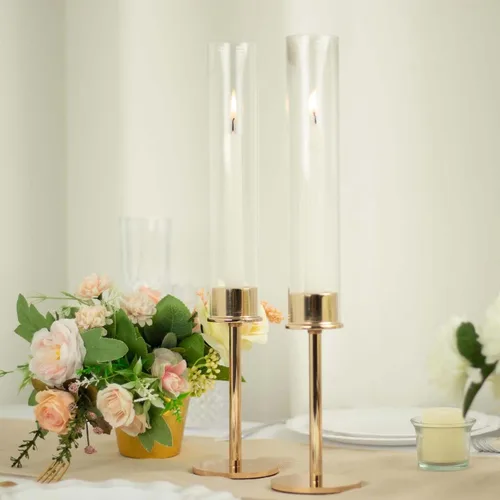 Vista 5 de Efavormart - Juego de 2 portavelas de cristal transparente de metal dorado de 16 pulgadas de alto, soportes para velas de huracán