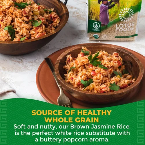 Vista 3 de Lotus Foods Arroz orgánico de jazmín marrón, grano entero, 30 onzas (paquete de 2) Arroz integral sin gluten, adhesivo asiático de grano largo