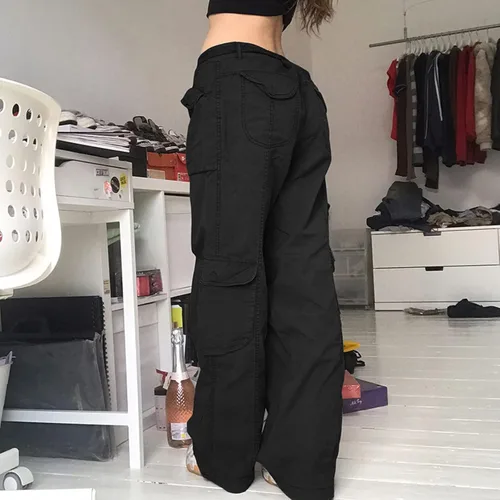 Vista 3 de Juakoso Y2K - Pantalones rectos de pierna ancha para mujer pantalones retro con bolsillos Harajuku Street Wear para niñas de los años 90
