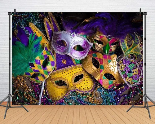 Vista 8 de CHAIYA Telón de fondo de fotografía con temática de Mardi Gras de 7 x 5 pies, fondo de mascarada, fiesta de baile, cabina de fotos para boda