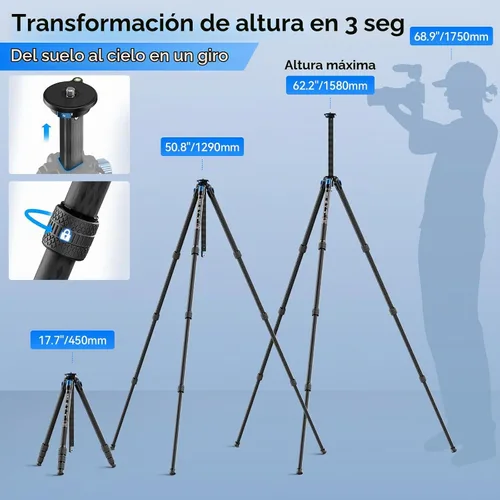 Vista 3 de SIRUI AM-124 Trípode de fibra de carbono con columna central triangular, trípode de viaje compacto de 62.6 pulgadas para cámara, 4 secciones