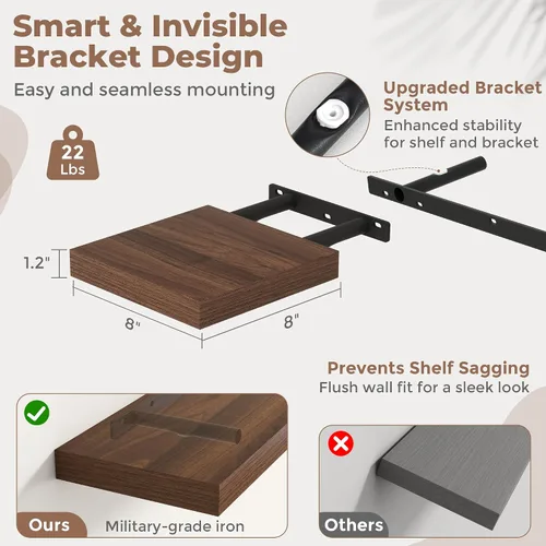 Vista 3 de Estantes flotantes cuadrados de 8 pulgadas para pared, paquete de 3, estantes de baño con veta de madera de 8"D con soportes invisibles, estantes