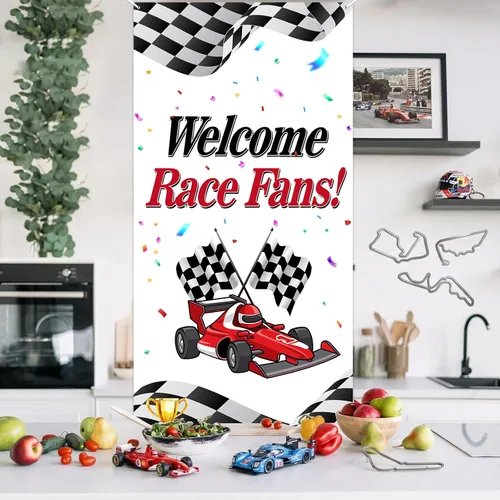 Vista 5 de Decoración temática de bienvenida para fanáticos de carreras de coches de carreras de cumpleaños para cabina de fotos, telón de fondo, trofeo