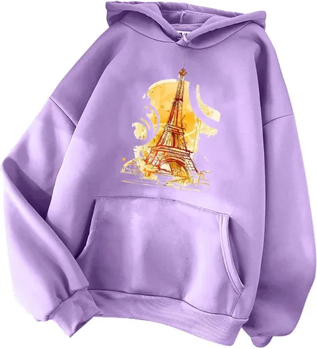 Vista 4 de Sudadera de manga larga para mujer, con estampado gráfico de la Torre Eiffel 2023, cuello redondo, ajuste holgado, casual, otoño e invierno