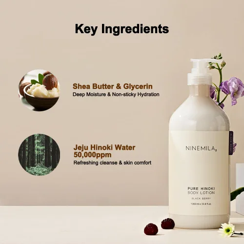 Vista 2 de NINEMILA Loción corporal pura Hinoki, aroma a bayas negras, bomba de 33.8 fl oz, manteca de karité y glicerina, agua de Jeju Hinoki 50,000 ppm