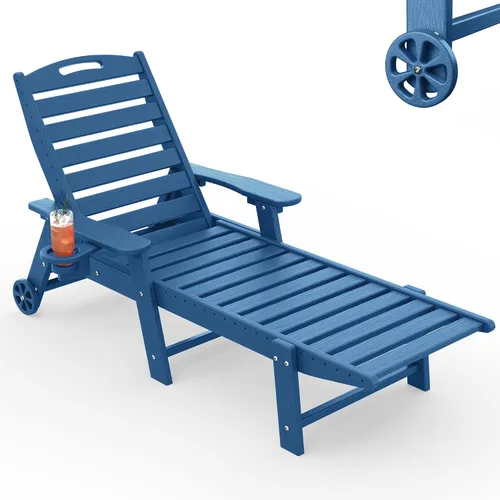 Vista 22 de Tumbona al aire libre, silla de descanso al aire libre con textura de madera, respaldo ajustable de 5 posiciones, silla de salón de polietileno