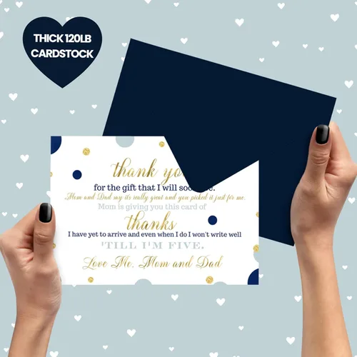 Vista 6 de Paper Clever Party Tarjetas de agradecimiento para baby shower azul marino y dorado con sobres, notas en blanco con mensaje precargado para niños