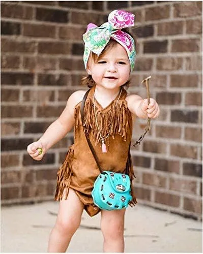 Vista 4 de Styles I Love Bebé Niña Verano Halter Fringe Ante Marrón Sunsuit Mameluco