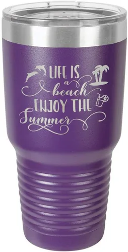 Vista 19 de La vida es una playa que disfruta el verano grabado de 30 oz vaso de acero con recubrimiento de polvo grabado láser taza de viaje de camello polar