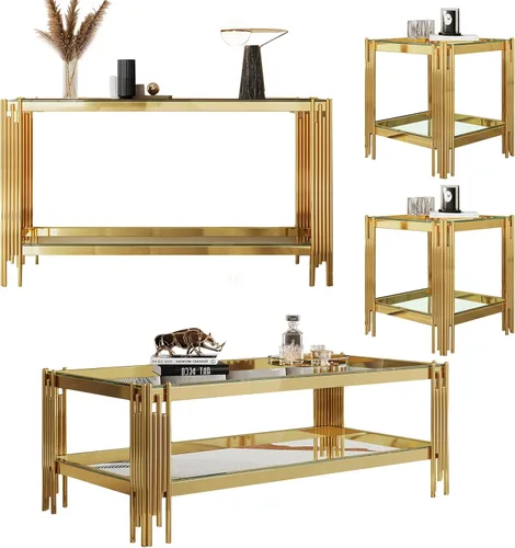Vista 18 de SSLine Mesa de centro de cristal negro con marco de acero inoxidable dorado, mesa de centro rectangular de lujo de 2 niveles para sala de estar Café