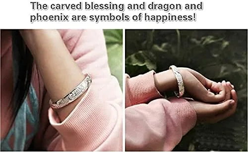 Vista 4 de Pulsera ajustable tallada de plata de ley 999 maciza con dragón chino fénix tallada para mujer, 0.51 onzas de peso para mujeres, mujeres y ancianos
