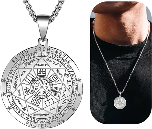 Vista 15 de Collar con colgante de siete arcángeles para hombres y mujeres, amuleto de protección, collar con dije de moneda de Arcángel Miguel Gabriel Uriel 1.