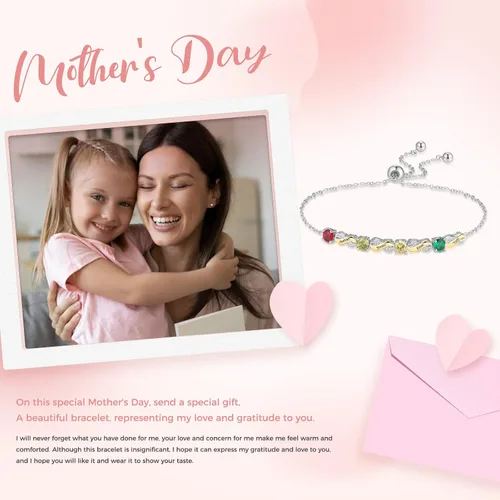 Vista 6 de Lam Hub Fong Pulsera personalizada de regalo para el día de la madre, pulseras personalizadas con nombre de piedra natal para mamá de hija, pulseras