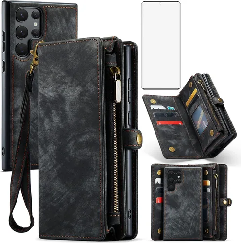 Vista 8 de Asuwish Funda de teléfono para Samsung Galaxy S22 Ultra 5G con cremallera, protector de pantalla de vidrio templado y tarjetero abatible, accesorios