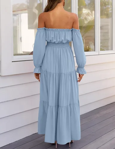 Vista 154 de ZESICA - Vestido largo, bohemio y sexy, con hombros descubiertos y manga larga fruncida, con elástico fruncido, cintura alta y abertura lateral