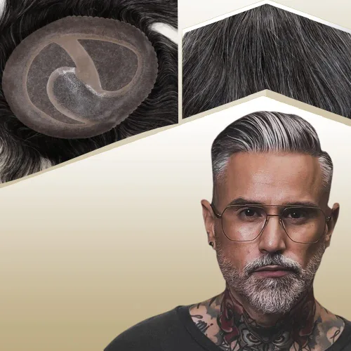 Vista 20 de Toupee para hombres sistemas de reemplazo de cabello humano real europeo para hombres, postizos finos, centro de encaje, piel más gruesa, pieza