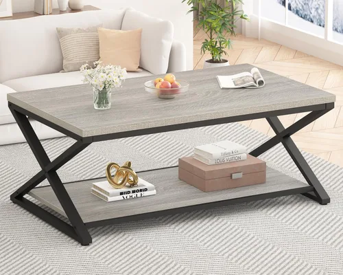 Vista 19 de HSH Mesa de sala de estar de madera de metal minimalista moderna negra con estante de almacenamiento, mesa central rectangular de 39 pulgadas y 2