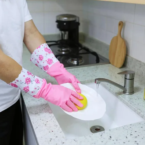 Vista 4 de 2 pares de guantes de limpieza de goma para el hogar, cocina, lavavajillas, guantes de puño largo con forro flocado de algodón, reutilizables