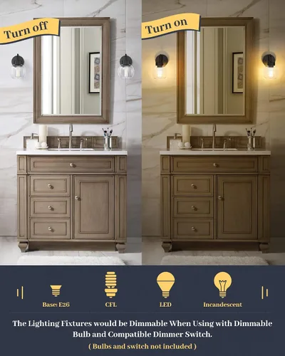 Vista 6 de EAPUDUN WLA1433-MBK - Lámpara de baño de 1 luz negra mate sobre espejo, luces de tocador con 1 globo de vidrio transparente, apliques de pared