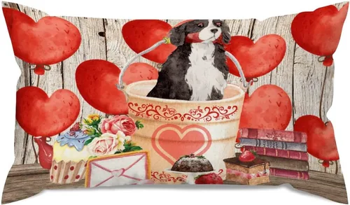 Vista 33 de Fundas de almohada lumbar con textura de madera rústica para perro en cubo, diseño de corazón rojo para el día de San Valentín, fundas de almohada