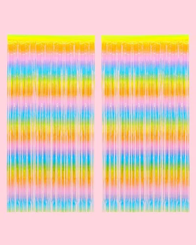 Vista 2 de xo, Fetti Cortinas de papel de aluminio con flecos pastel arcoíris para decoración de fiesta, juego de 2 despedida de soltera, orgullo, telón