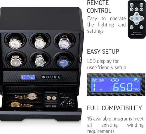 Vista 5 de Bobinador de reloj para 6 relojes automáticos con retroiluminación LED, control remoto y cajón de almacenamiento para relojes y joyas