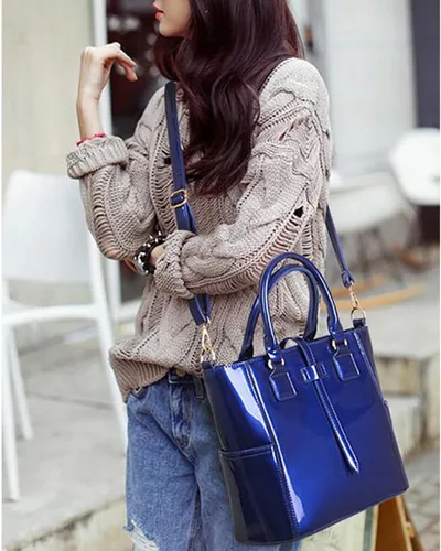 Vista 2 de YAQUNICER Bolso de mano y bolso de patente 3 piezas para mujer brillante PU asa superior bolsos cadena mensajero bolsa embrague titular de la tarjeta