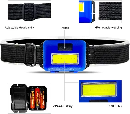 Vista 6 de Paquete de 8 faros LED para adultos y niños, 1.1 onzas/1.09 oz, lámpara de inundación COB ultra brillante con 3 modos, 24 pilas AAA, linterna