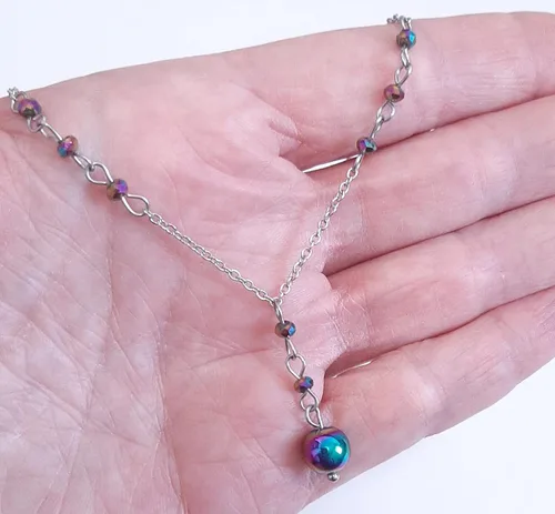 Vista 6 de Crystal Bead Rainbow Hematite Y Shaped Lariat Necklace Non-Tarnish Steel Chain