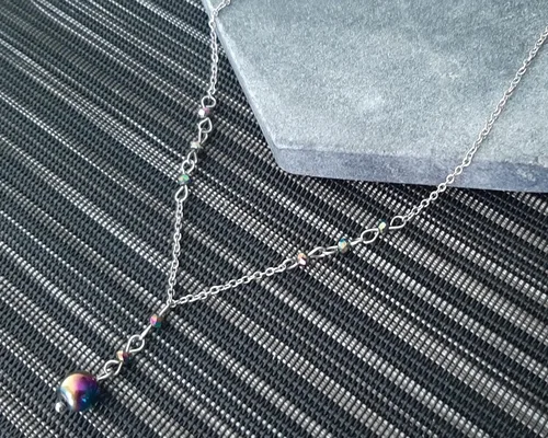 Vista 5 de Crystal Bead Rainbow Hematite Y Shaped Lariat Necklace Non-Tarnish Steel Chain