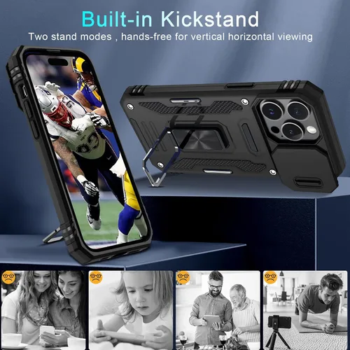 Vista 195 de DEERLAMN Funda para iPhone Xs Max con funda deslizante para cámara + protector de pantalla, soporte giratorio de anillo de grado militar a prueba