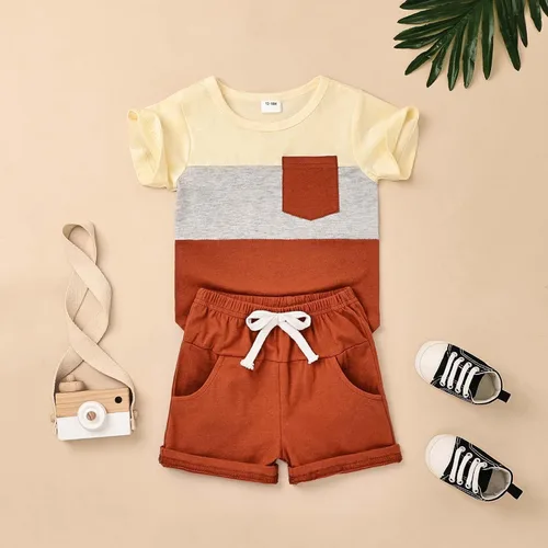 Vista 2 de Ropa para bebé niño pequeño, trajes de verano de manga corta, camiseta de retazos y pantalón con bolsillo, conjunto de 2 piezas, 12 meses a 4 años