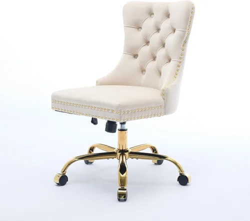 Vista 8 de Bonita silla de tocador beige con ruedas, silla de escritorio de oficina cómoda sin brazos de terciopelo para el hogar, silla giratoria