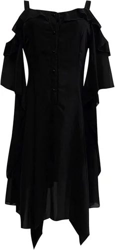 Vista 3 de Vestido renacentista para mujer, vestido gótico de Halloween, vestido retro de Halloween, disfraz medieval, vestido de encaje con hombros