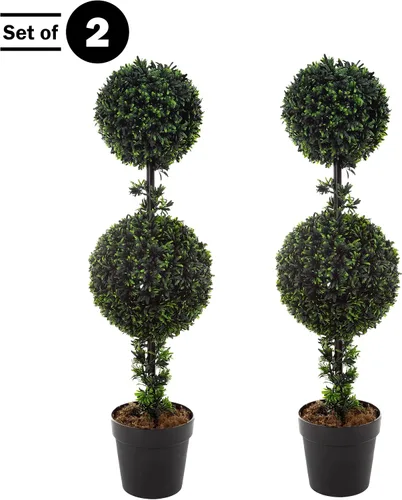 Vista 2 de Juego de 2 árboles topiarios – 36 pulgadas de doble bola podocarpus plantas falsas – Plantas artificiales realistas en macetas para interiores