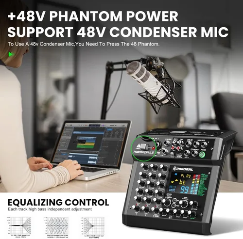 Vista 4 de Mezclador de interfaz de audio de 6 canales, tablero de sonido 99 DSP efectos digitales con interfaz Bluetooth USB Rac de 48 khz/24 bits como