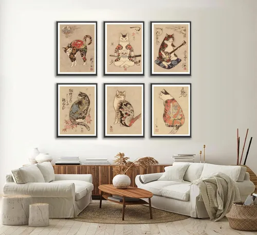 Vista 2 de 6 piezas de arte de pared de gato samurái japonés de carteles de decoración de bushido de Japón, pinturas de Kung Fu tatuajes divertidos de fantasía