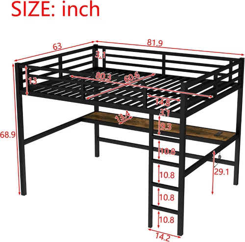 Vista 2 de Bellemave Cama Queen Loft con escritorio y estación de carga (negro)
