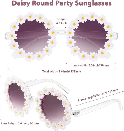 Vista 2 de 2 pares de lentes de sol de margarita para mujer, gafas redondas de flores para adultos y niños, decoración con bolsa de franela de tela para gafas