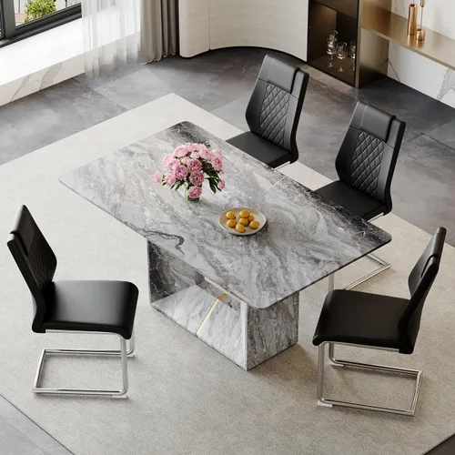 Vista 7 de Juego de mesa de comedor para 4, juego de mesa de comedor de 5 piezas con sillas, mesa moderna de mármol sintético de 63 pulgadas con 4 sillas