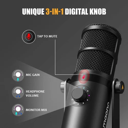 Vista 5 de MAONO Micrófono dinámico, micrófono de PC Podcast USB/XLR con software, ecualizador, toque para silenciar, conector para auriculares, perilla