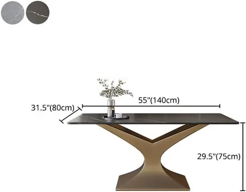 Vista 2 de LAKIQ Mesa de comedor rectangular moderna de estilo lujoso, mesa de cocina de piedra sinterizada, mesa de pizarra con pedestal de bronce para Negro