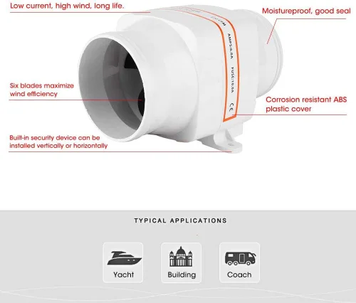 Vista 5 de Ventilador de soplador impermeable, soplador de 12 V, soplador de aire de sentina marina, soplador de aire en línea de 4 pulgadas, ventilador