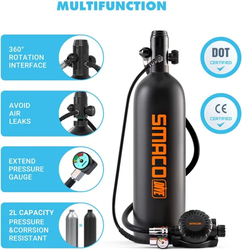 Vista 3 de SMACO Mini tanque de buceo con máscara de buceo de cara completa, S700 1.9L Mini tanque de buceo portátil botella de poni reutilizable hasta 30