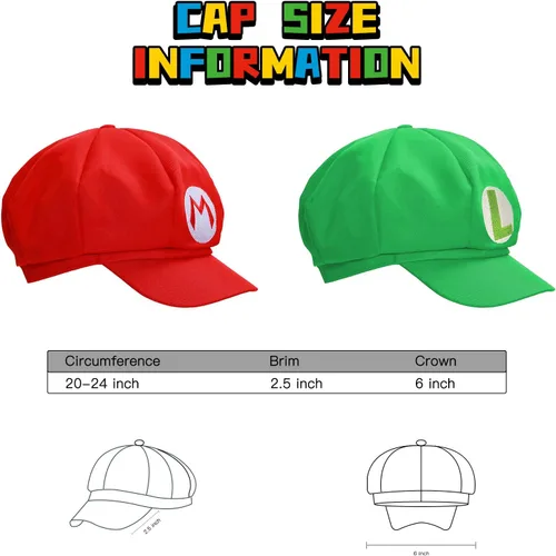Vista 2 de Super Bros - Gorra de béisbol y bigote falso y guantes para adultos, adolescentes, suministros de fiesta de Halloween, cosplay