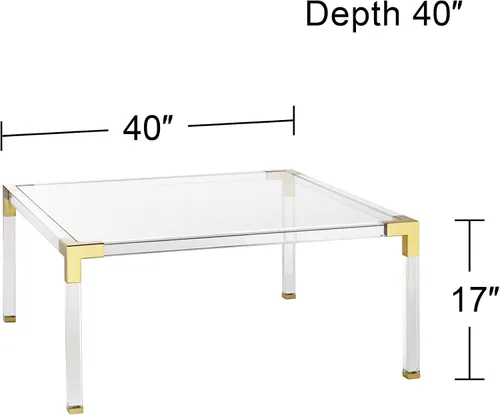 Vista 2 de Hanna Modern Glam - Mesa de centro cuadrada de acrílico fundido de 40 pulgadas de ancho de color dorado brillante, cristal templado transparente