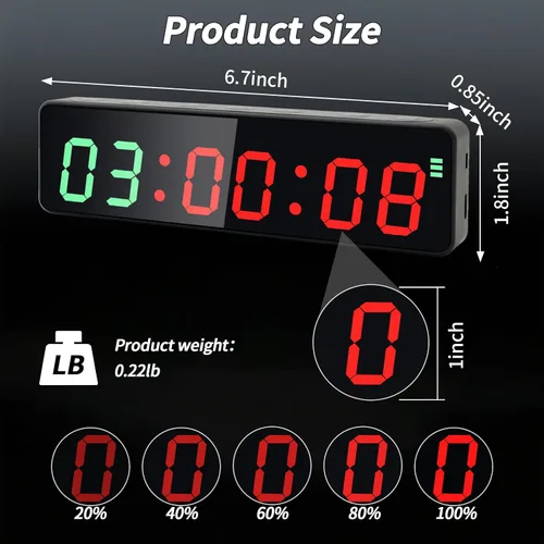 Vista 4 de Reloj portátil con temporizador de gimnasio con batería potente, temporizador de entrenamiento para gimnasio en casa con brillo ajustable