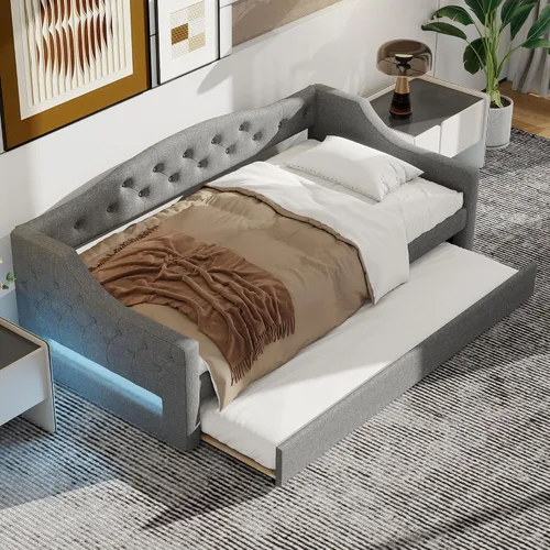 Vista 4 de Cama Diván Moderna Tamaño Twin XL con Cinturón LED y Cama Nido, Marco de Cama Plataforma de Madera con Cabecera Tapizada con Almacenamiento, Sofá