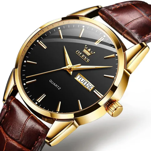 Vista 2 de OLEVS Reloj para hombres cronógrafo marrón cuero oro caso analógico cuarzo moda negocios vestido grande hombres reloj día fecha luminoso impermeable